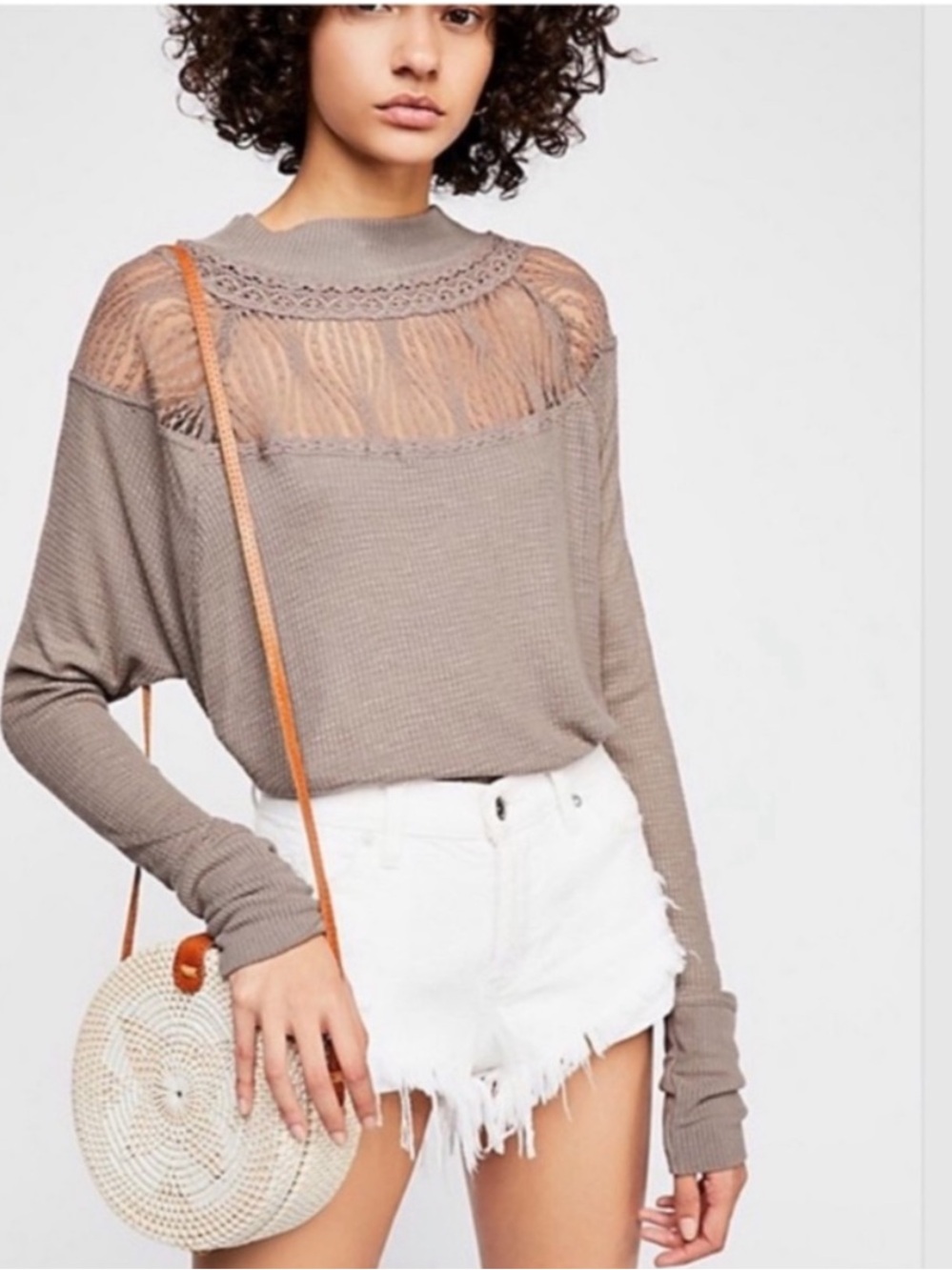Free People Lace Thermal Top Taupe Brown